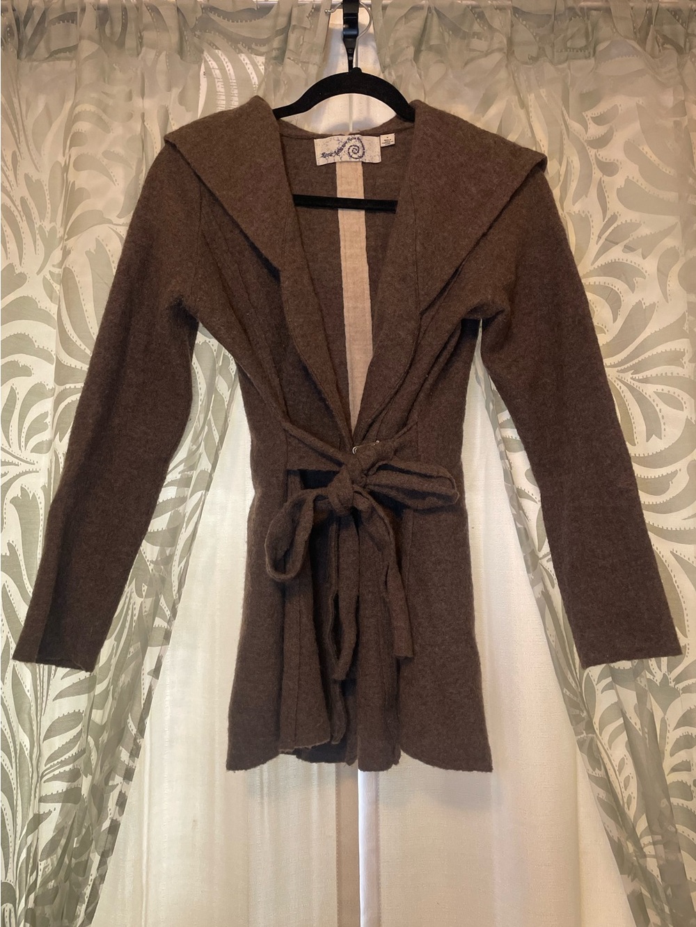 Anthropologie Rosie Neira brown wool hooded wrap cardigan with a tie waist